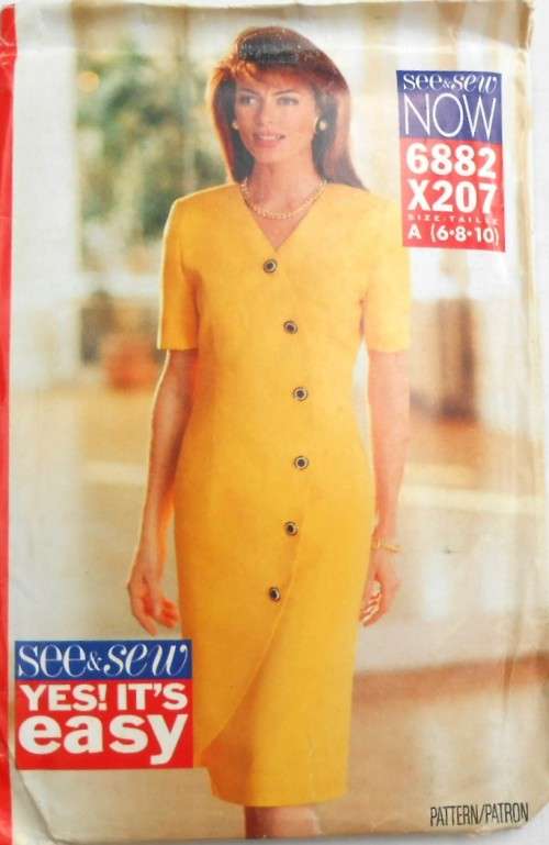 BUTTERICK 6882 SEMI FITTED DRESS WITH SHAPED FRONT OVERLAY & BUTTONS SIZE 6-8-10 COMPLETE-UNCUT-F/F