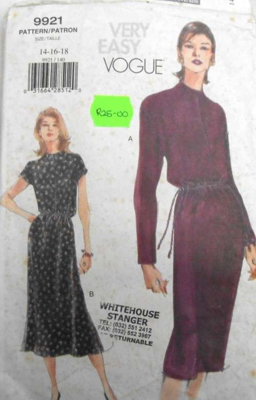 VERY EASY VOGUE 9921 PULLOVER DRESS  SIZE 14-16-18 COMPLETE