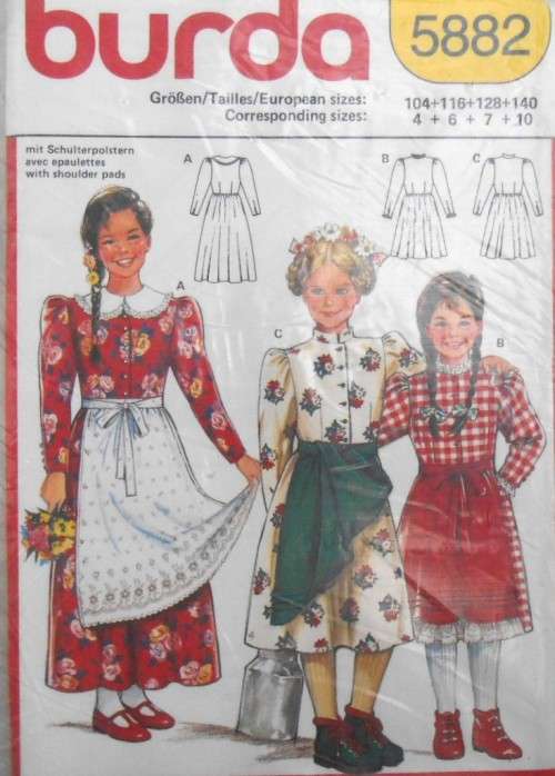 BURDA 5882 GIRLS DRESS WITH APRON SIZE 4-6-7-10 YEARS COMPLETE-UNCUT-F/FOLDED-SEALED
