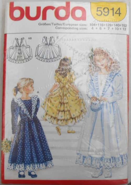 BURDA 5914 GIRLS FRILLY DRESS SIZE 4-6-7-10-12 YEARS COMPLETE-UNCUT-F/FOLDED