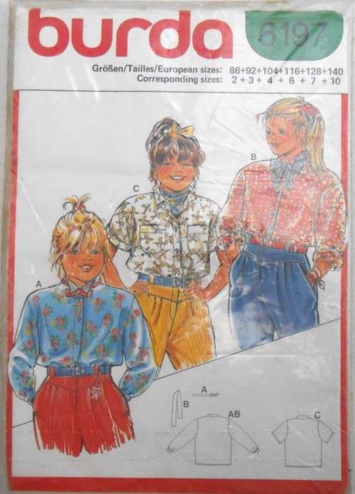 BURDA 6197 GIRLS SHIRTS SIZE 2-3-4-6-7-10 YEARS COMPLETE-UNCUT-F/FOLDED-SEALED
