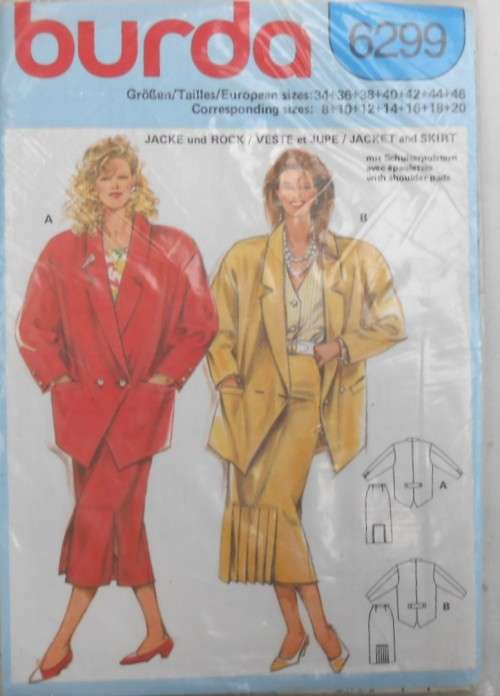 BURDA 6299 LOOSE FITTING JACKET & SKIRT SIZE 8-20 COMPLETE-UNCUT-F/FOLDED