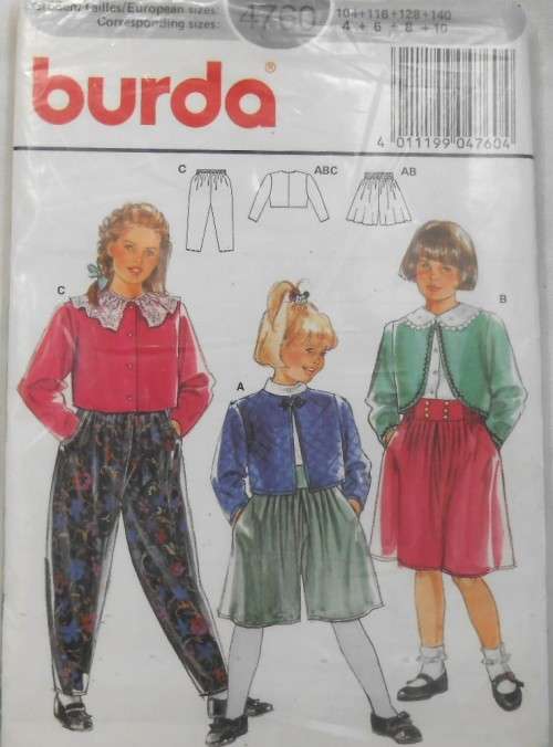 BURDA 4760 KIDDIES JACKET-PANTS-SHORTS SIZE 4-8-10 YEARS  COMPLETE