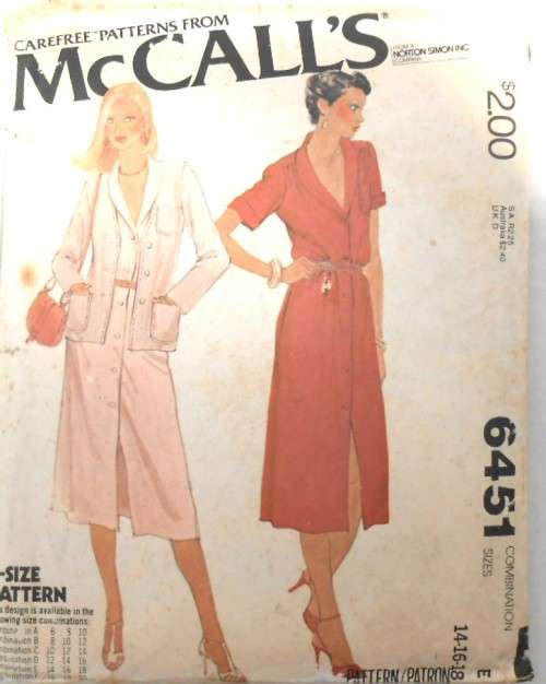 McCALLS 6451 UNLINED JACKET & DRESS SIZE 14-16-18 COMPLETE-PART CUT