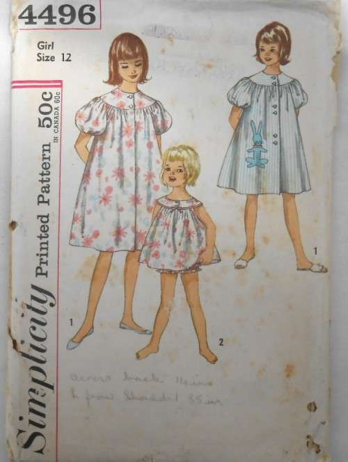 VINTAGE SIMPLICITY 4496 GIRLS SHORT PJS & DUSTER SIZE 12 YEARS -NO TRANSFER COMPLETE ZIPLOC BAG