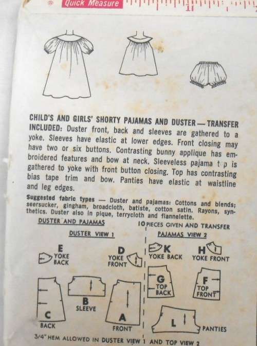VINTAGE SIMPLICITY 4496 GIRLS SHORT PJS & DUSTER SIZE 12 YEARS -NO TRANSFER COMPLETE ZIPLOC BAG