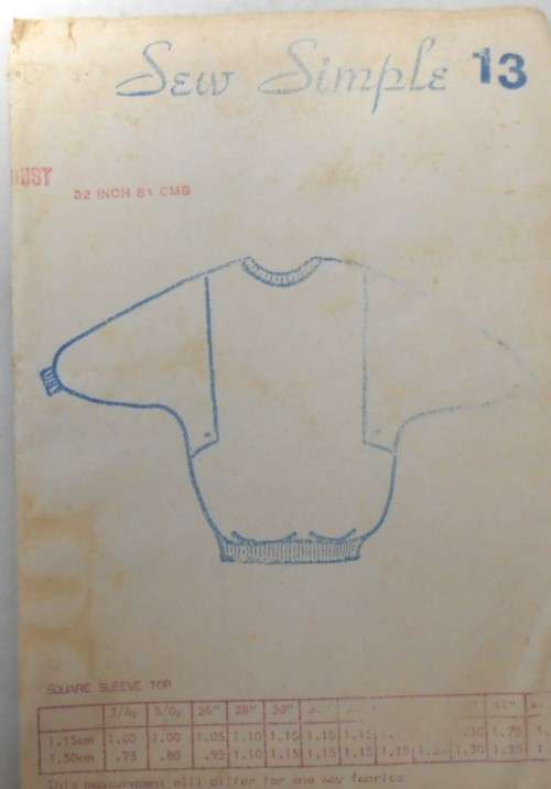 SEW SIMPLE PATTERNS  13 SQUARE SLEEVE TOP SIZE 36 OR 92 CM