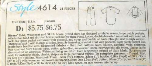 STYLE 4614 SHIRT-WAISTCOAT-SKIRT SIZE 12 COMPLETE-MOSTLY UNCUT-ZIPLOC