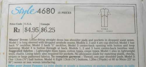 STYLE 4680 LOOSE FITTING STRAIGHT DRESS SIZE 14-16-18 COMPLETE-PART CUT