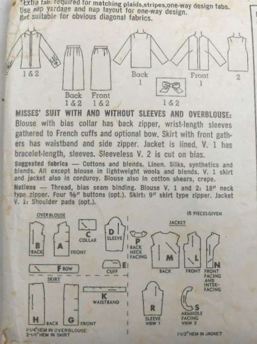 VINTAGE SIMPLICITY 6687 SUIT WITH/OUT SLEEVES-OVERBLOUSE SIZE 16 BUST 36 COMPLETE