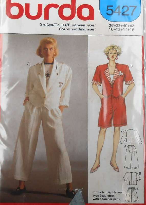 BURDA PATTERN 5427 JACKET-CROPPED PANTS-BERMUDA SHORTS SIZES 10-16 COMPLETE-ZIPLOC