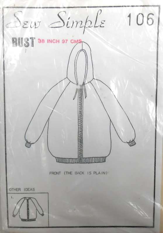 SEW SIMPLE PATTERNS 106 HOODIE WITH FRONT ZIP SIZE 38 OR 97 CM COMPLETE-UNCUT-F/FOLDED