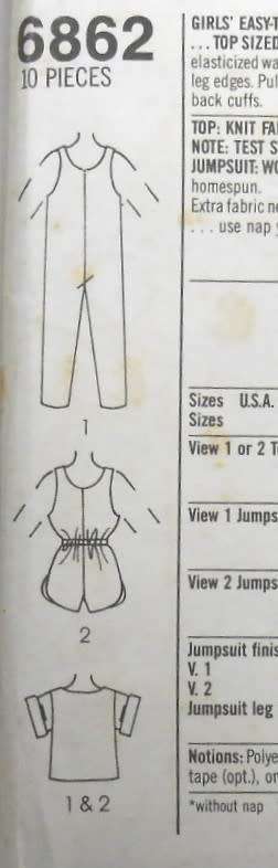 SIMPLICITY 6862 GIRLS LOOSE FIT PULL ON JUMPSUIT-PULLOVER TOP SIZE 10-12-14 YEARS COMPLETE-UNCUT-F/F