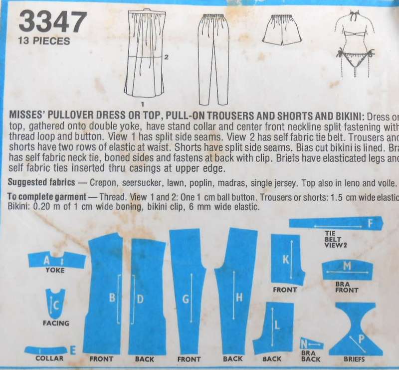 STYLE 3347 PULLOVER DRESS-TOP-PULL ON PANTS-SHORTS BIKINI SIZE 12 BUST 87 CM COMPLETE-ZIPLOC