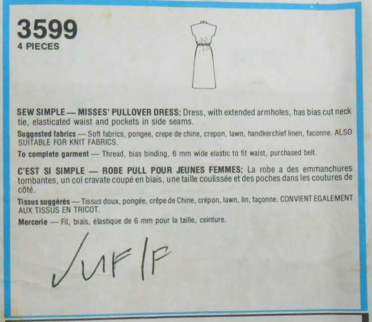 STYLE 3599 PULLOVER DRESS SIZE 12 COMPLETE-UNCUT-F/FOLDED