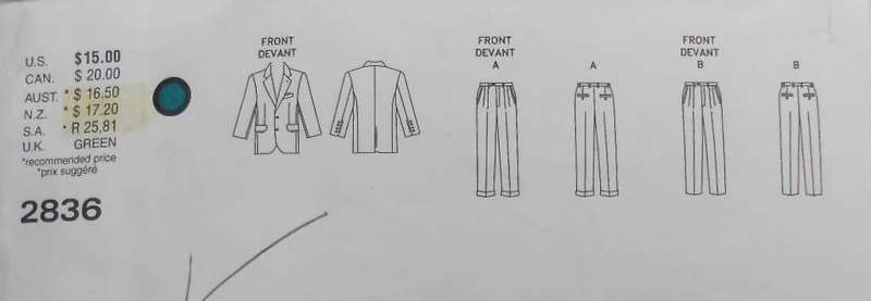 VOGUE 2836 MEN`S JACKET & PANTS SIZE 38-40-42 COMPLETE-ZIPLOC BAG