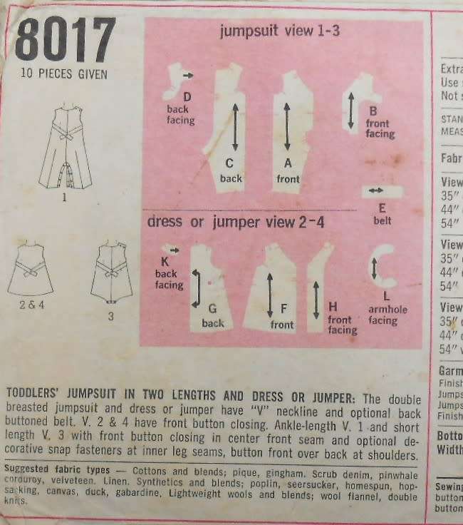 SIMPLICITY 8017 TODDLERS JUMPSUIT-DRESS-PINAFORE SIZE 2 YEARS COMPLETE