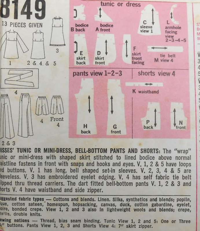 VINTAGE SIMPLICITY 8149 TUNIC-MINI DRESS-BELL BOTTOM PANTS-SHORTS SIZE 14 BUST 36 COMPLETE