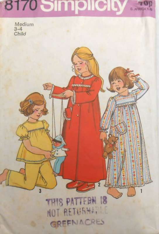 SIMPLICITY 8170 KIDS NIGHTGOWN-PJS-GOWN SIZE MEDIUM 3-4 YEARS COMPLETE