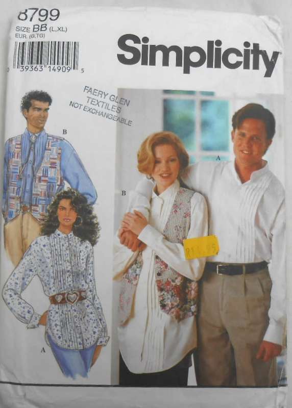 SIMPLICITY 8799 MEN/TEEN SHIRT-LINED WAISTCOAT SIZE L-XL (42-48) COMPLETE-UNCUT-F/FOLDED