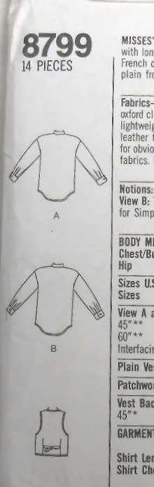 SIMPLICITY 8799 MEN/TEEN SHIRT-LINED WAISTCOAT SIZE L-XL (42-48) COMPLETE-UNCUT-F/FOLDED