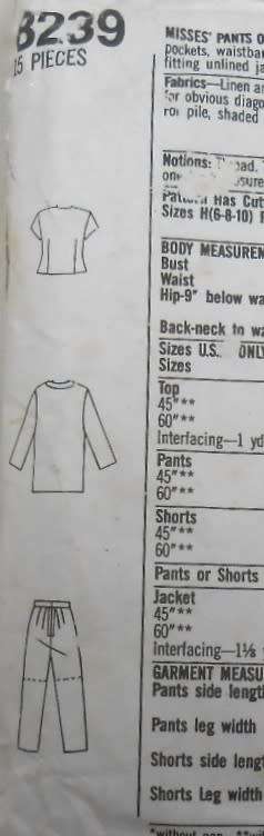 SIMPLICITY 8239 PANTS-SHORTS-TOP-UNLINED JACKET SIZE 12-16 COMPLETE-PART CUT