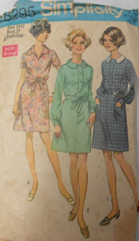 VINTAGE SIMPLICITY 8295 DRESS WITH 2 COLLARS SIZE 14 1/2 BUST 37 COMPLETE-UNCUT-F/FOLDED