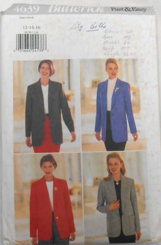 BUTTERICK 4639 VERY LOOSE FITTING UNLINED JACKET SIZE 12-14-16 COMPLETE-CUT TO 16