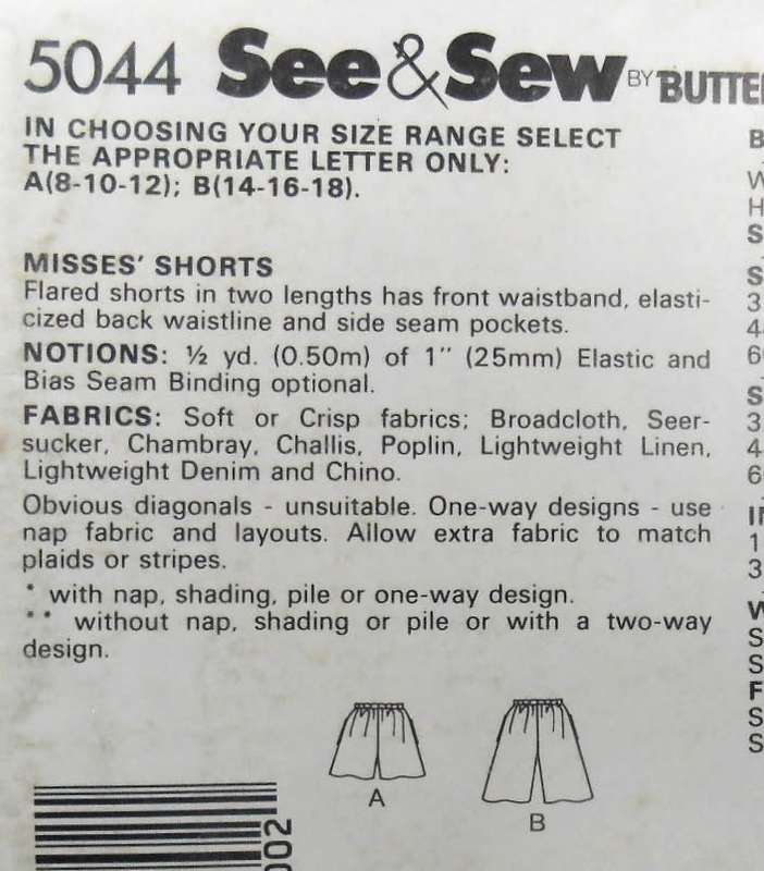 BUTTERICK 5044 SHORTS SIZE 14-16-18 COMPLETE-UNCUT-F/FOLDED