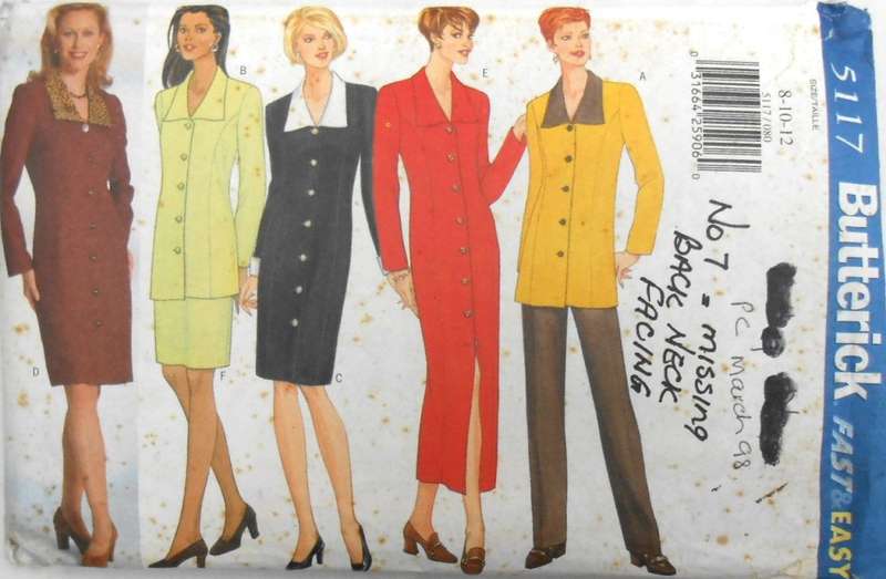 BUTTERICK 5117 FITTED STRAIGHT DRESS-TOP-SKIRT-PANTS - SIZE 8-10-12 COMPLETE