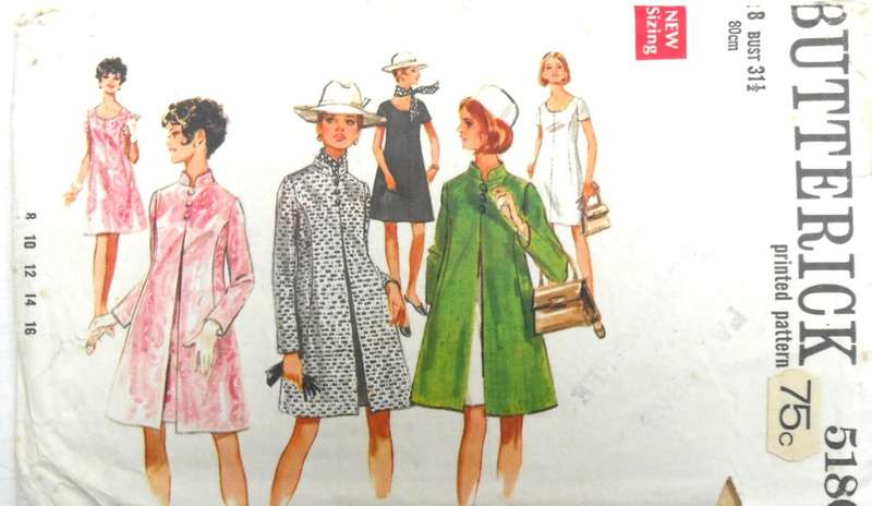 VINTAGE BUTTERICK 5180 ONE PIECE DRESS & COAT - SIZE 8 BUST 31 1/2 COMPLETE