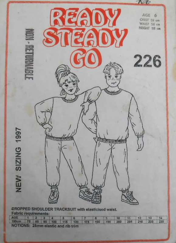 READY-STEADY-GO PATTERN-# 226  KIDS DROPPED SHOULDER TRACKSUIT AGE 6 YEARS CHEST 59 CM