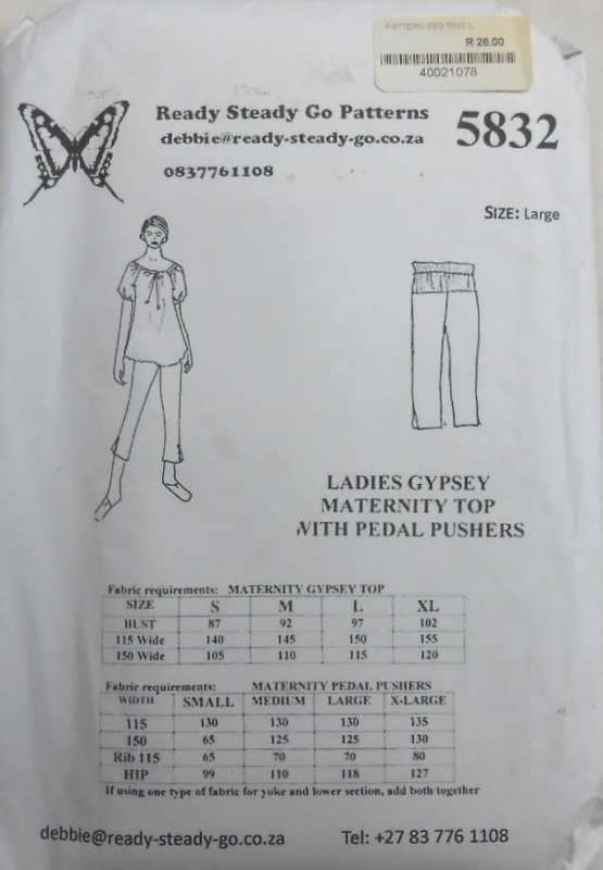 READY-STEADY-GO PATTERN-#5832 LADIES MATERNITY TOP WITH PEDAL PUSHERS SIZE LARGE BUST 97 CM