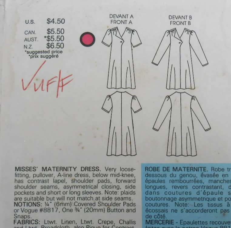 VOGUE 8959 LOOSE FITTING PULLOVER MATERNITY DRESS SIZE 8-10-12  COMPLETE-UNCUT-F/FOLDED