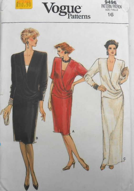 VOGUE 9496 SEMI FITTED STRAIGHT DRESS WITH DRAPE SIZE 16 COMPLETE-UNCUT-F/FOLDED