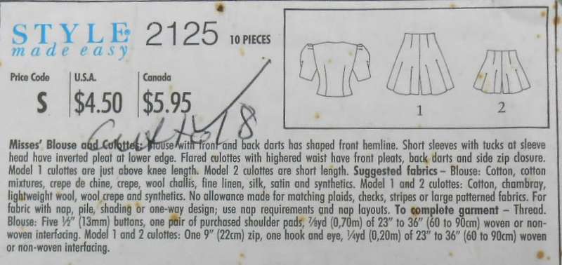 STYLE 2125 BLOUSE & CULOTTES SIZE 6-18 COMPLETE-CUT TO SIZE 18
