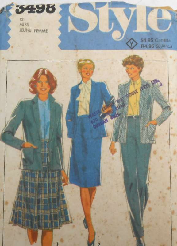 STYLE 3498 LINED JACKET-SKIRTS-PANTS SIZE 12 COMPLETE-UNCUT-F/FOLDED