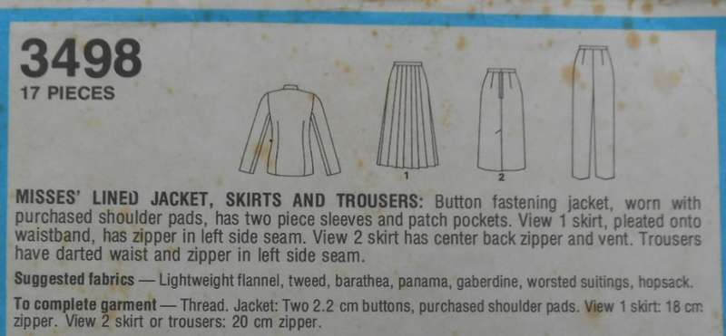 STYLE 3498 LINED JACKET-SKIRTS-PANTS SIZE 12 COMPLETE-UNCUT-F/FOLDED