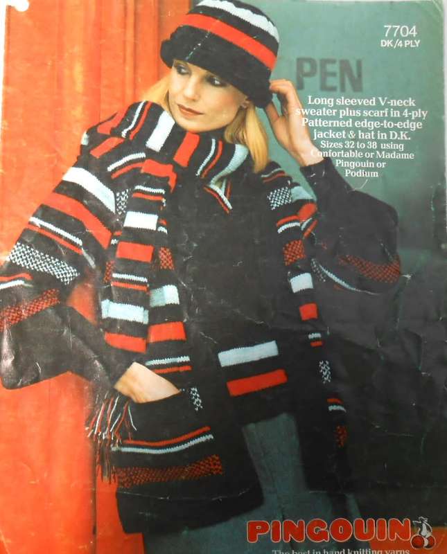 PINGOUIN 7704 LONG SLEEVES V NECK  SWEATER + SCARF + HAT - SIZES 32 - 38`  BUST