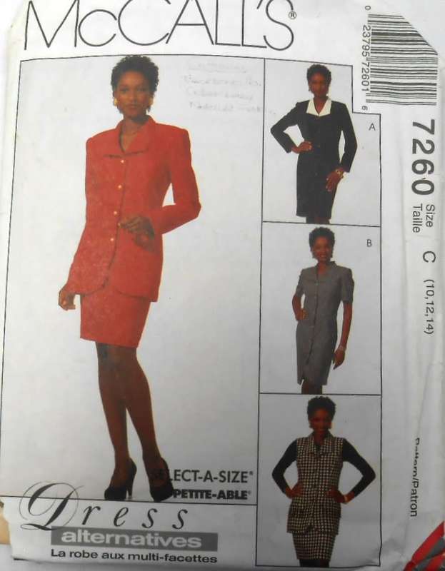 McCALLS 7260 UNLINED JACKET-DRESS-WAISTCOAT-SKIRT SIZE 10-12-14 COMPLETE