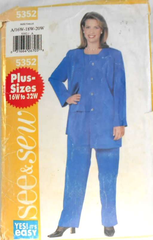 BUTTERICK 5352 JACKET-TOP-PANTS PLUS SIZES SIZE 16W-18W-20W  COMPLETE-CUT TO 20W-ZIPLOC BAG