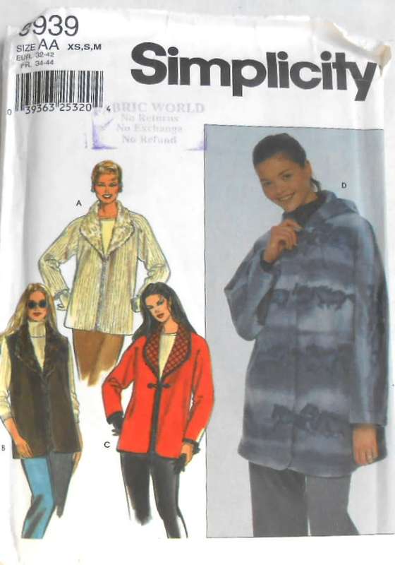 SIMPLICITY 9939 WINTER JACKET OR GILET SIZE XS-S-M (6-16)- COMPLETE-CUT TO MEDIUM
