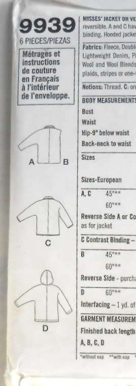 SIMPLICITY 9939 WINTER JACKET OR GILET SIZE XS-S-M (6-16)- COMPLETE-CUT TO MEDIUM