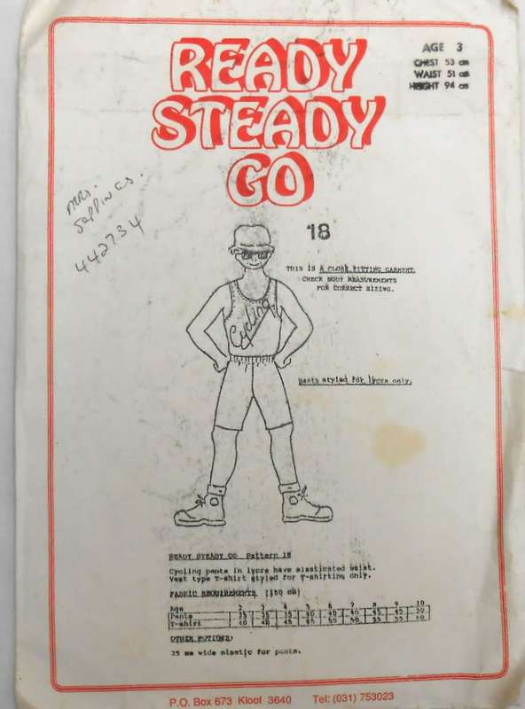 READY-STEADY-GO PATTERN-NUMBER 18 KIDS  LYCRA CYCLING PANTS & T TANK TOP  AGE 3 YEARS CHEST 53 CM