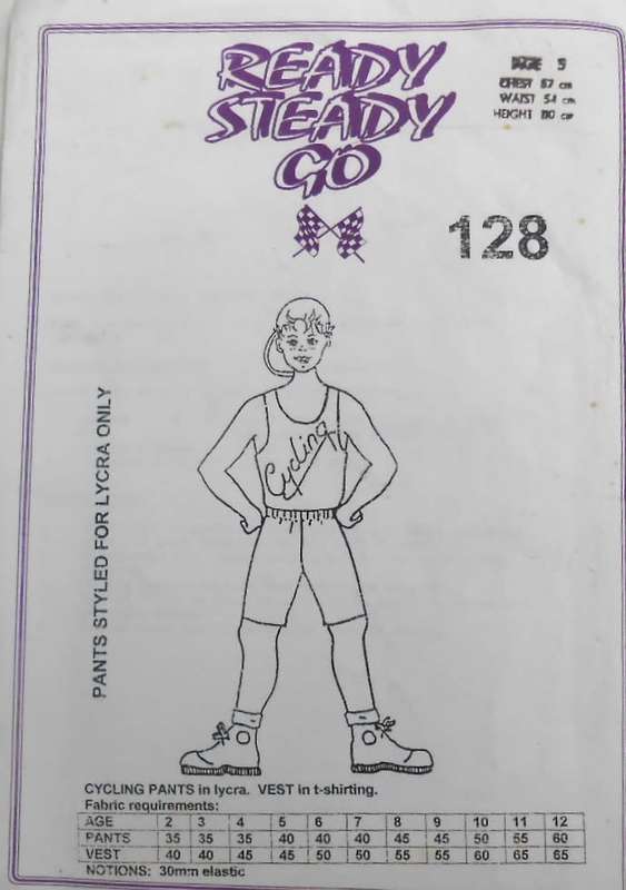 READY-STEADY-GO PATTERN-NUMBER 128 LYRCA CYCLING PANTS & T -TANK TOP  AGE 5 YEAR CHEST 57 CM