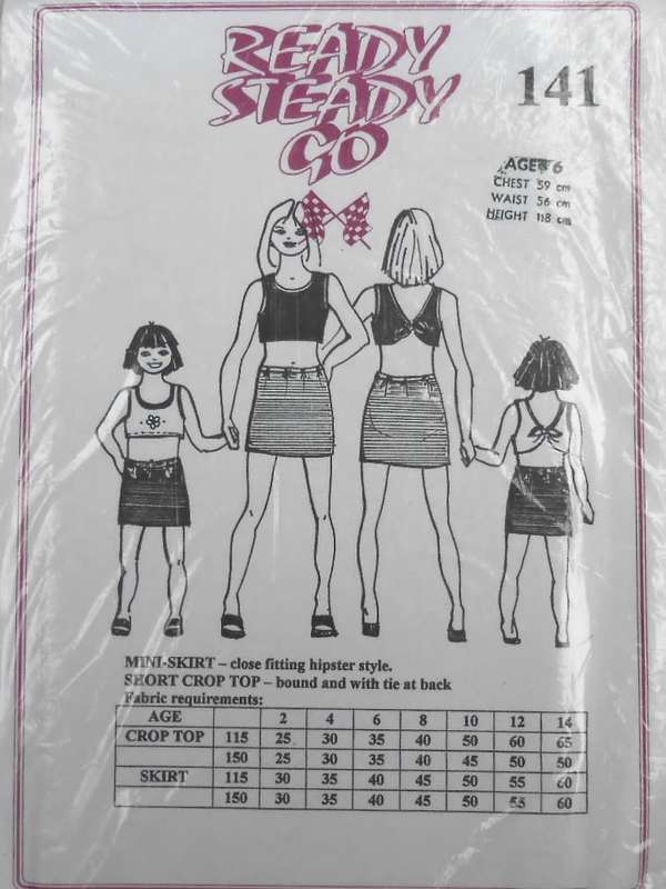 READY-STEADY-GO PATTERN-NUMBER 141 GIRLS MINI SKIRT & SHORT CROP TOP  AGE 6 YEAR CHEST 59 CM