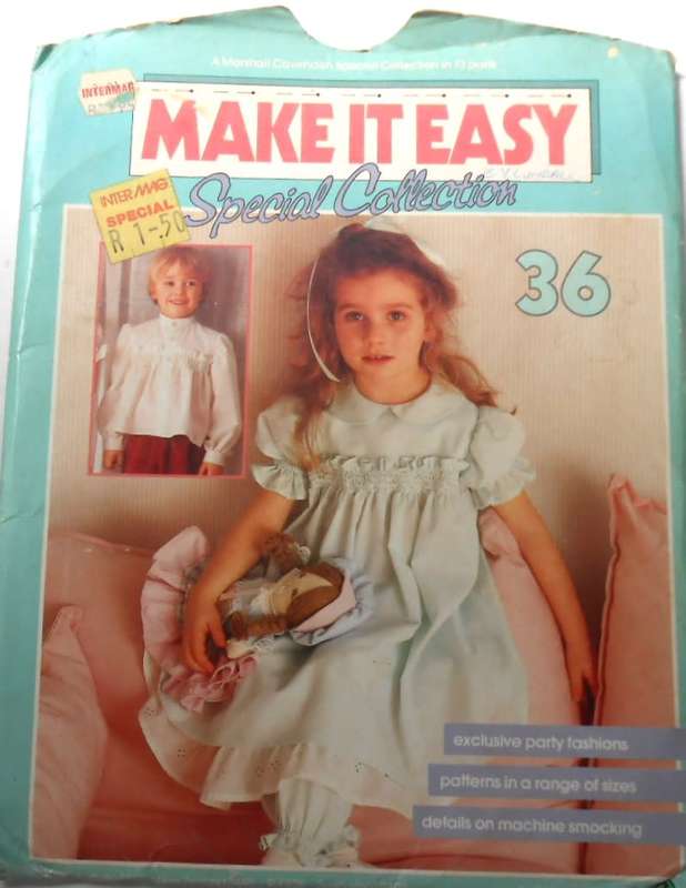 MAKE IT EASY PATTERN NUMBER  36 -PARTY POPPETS-MACHINE SMOCKED DRESS+ HEAD-DRESS COMPLETE-UNCUT