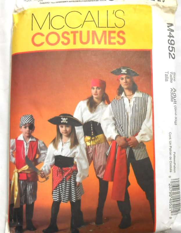 McCALLS M4952 ADULT PIRATE COSTUMES SIZE S-M-L (34-44 CM) COMPLETE PART CUT