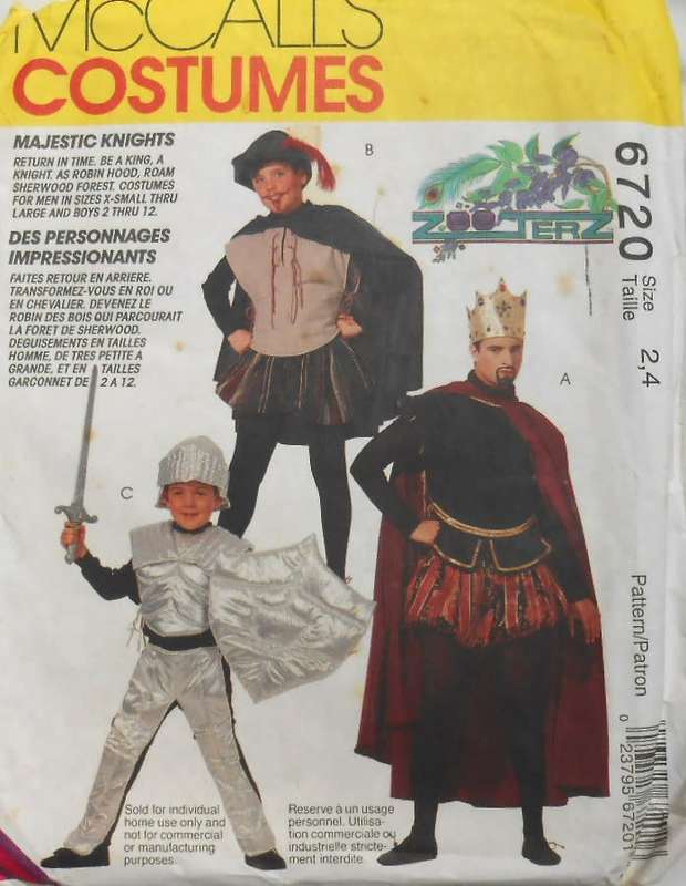 McCALLS COSTUMES 6720 CHILD MAJESTIC KNIGHT COSTUMES SIZE 2-4 YEARS COMPLETE-UNCUT-F/FOLDED