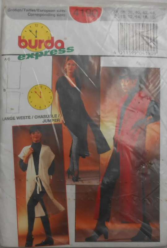 BURDA 4190 LONG WAISTCOAT/GILET SIZE 8-18 COMPLETE-UNCUT-F/FOLDED